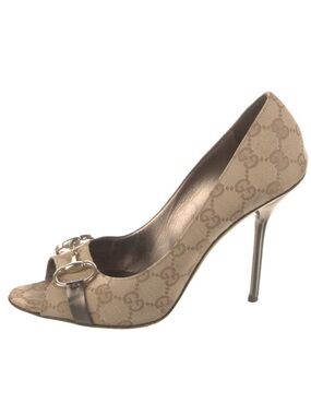 Gucci Beige/Brown Monogram Peep-Toe Stiletto with Silver Horsebit Detail